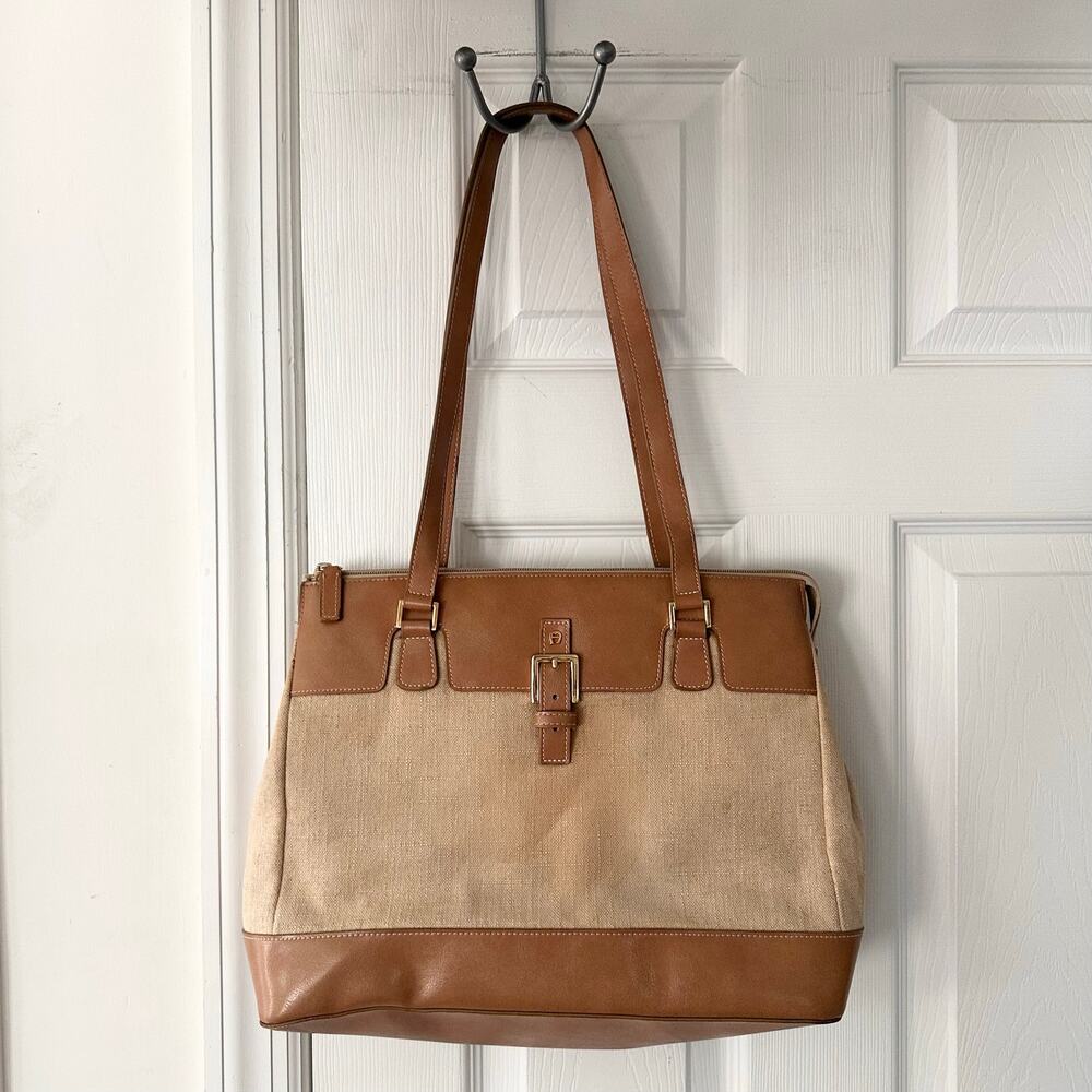 Etienne Aigner Vintage Woven Linen Tan Leather Trim Shoulder Tote Satchel Buckle